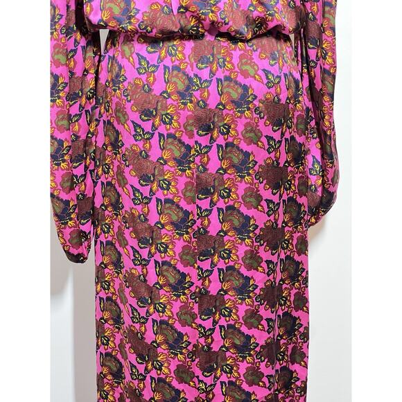 VTG Michel Goma Saks Vibrant Pink Floral Silk Long Slv Dress France 42 US M/L - Picture 8 of 11